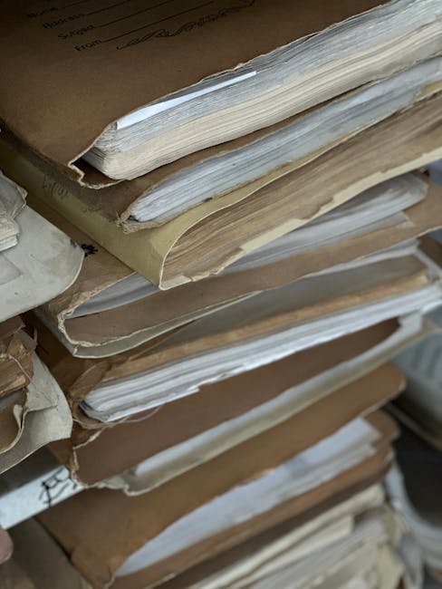 Organizuotas dokumentų aplankas archyvui su aiškia etikete lentynoje namuose